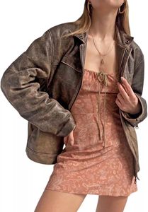 Chaqueta antigua de cuero desgastado de gran tamaño para mujer, abrigo holgado de cuero de oveja genuino de motorista ligero - Product Image 6