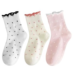 FIYIGO Damen Söckchen mit niedlichem Polka-Dot-Muster, Rüschen und Streifen, lässig, aus Baumwolle, atmungsaktiv, neuartig, lustig, 1 Weiß, 1 Rosa, 1 - Product Image 1