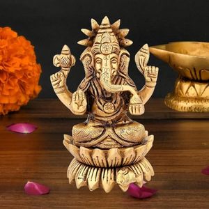 Ídolo Ganesh Bhagwan de latón para la oficina de entrada del Hogar o la habitación Pooja del templo Características Ganpati sentado en Kamal - Product Image 1