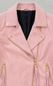 Chaqueta de Motociclista de Gamuza Rosa Bebé con Cremallera Dorada y Tirador de Borla - Product Image 3