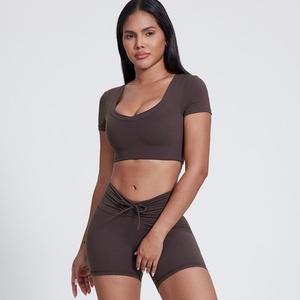 Top court de yoga à manches courtes pour femmes | T-shirt d'entraînement décontracté à col en V | T-shirt de base mignon pour vêtements de sport - Product Image 2