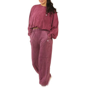 Ensemble sweat-shirt et pantalon de jogging en coton teint en pièce pour femmes, coupe décontractée, taille élastique, vêtements de détente pour les commandes en gros OEM - Product Image 1