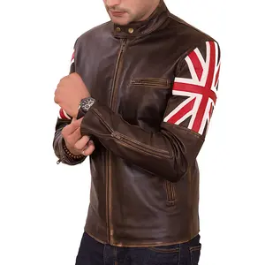Pelle di pecora UK Flag Union Jack Biker giacca in pelle invecchiata per uomo giacche da motociclista in vera pelle a prezzi all'ingrosso