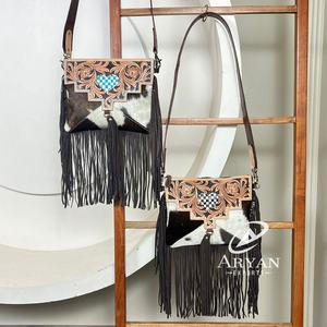 Hot Selling New Style 2025 Hand Tooled Cowhide Leather Crossbody Fringe Bag Genuine Leather Checkered Design Handbag for Women's - Product Image 1