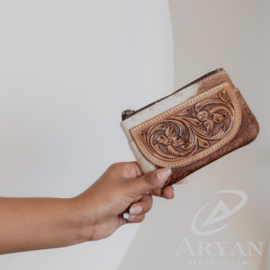 New Hand <b>Tooled</b> Hair on Genuine <b>Leather</b> Western Women Change Purse Cowhide <b>Leather</b> Zipper Coin Pouch Custom <b>Leather</b> Mini Wallet - Product Image 1