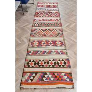 พรมตุรกีวินเทจ ขนาด 2.7x10.2 ฟุต (82x311 ซม.) พรมคิลิมสีแดงน้ำเงินลายอิคัต - Product Image 1