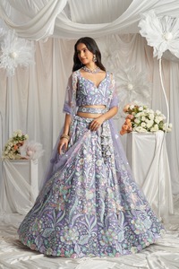 Lehenga Choli hasta el suelo de calidad superior para temporada de bodas Lentejuelas multicolores y vestido de red bordado - Product Image 2