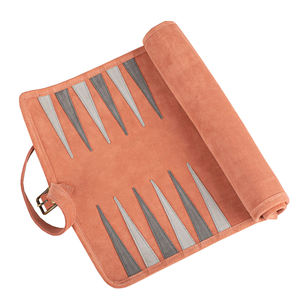 Jeu de backgammon d'extérieur artisanal en cuir suédé et velours, plateau pliable durable avec étui de rangement, prix de gros - Product Image 1