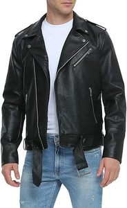 Blouson aviateur en similicuir de haute qualité pour hommes avec fermeture éclair asymétrique Biker avec revers et ceinture de moto coupe ajustée teint uni - Product Image 6