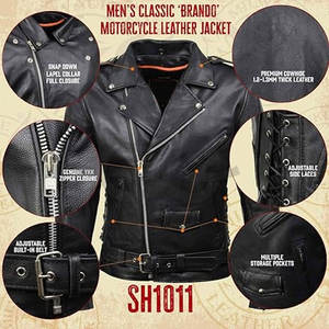 Veste de moto classique noire pour hommes en cuir de vachette de qualité supérieure avec laçage latéral à col montant Durabilité Style intemporel pour motards - Product Image 3