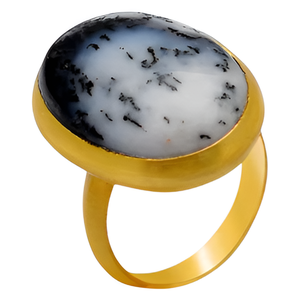 Anillo de Plata de Ley Chapado en Oro con Ópalo Dendrítico de Corte Ovalado en Engaste de Bisel, Clásico para Aniversario de Bodas - Product Image 6