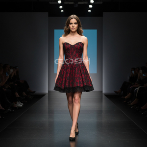 Robe élégante sans bretelles en satin rouge avec superposition de dentelle florale noire, corset surbuste, robe de cocktail rétro, mini-robe - Product Image 4