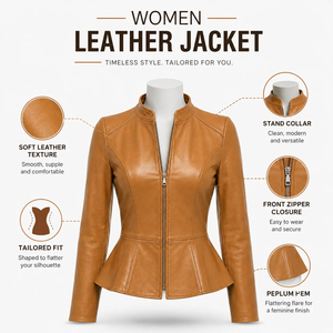 Luxury <b>Women</b> Tan Genuine Leather Peplum Jacket Slim Fit Stand Collar Front <b>zip</b> Elegant Fashion <b>Top</b> OEM Private Label Outerwear - Product Image 5