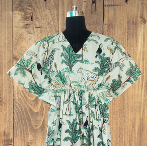 Kaftan de algodón puro con estampado de jungla blanca Ropa de dormir suave con cuello en V para mujer Ropa durante todo el año para festivales de verano e invierno - Product Image 1