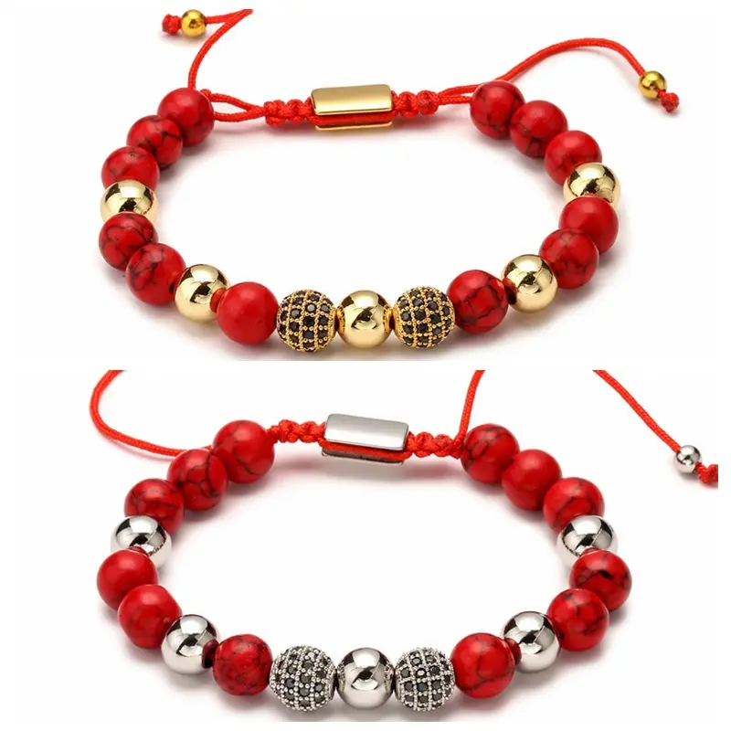 High Quality New design Custom Logo Natural Gemstone Red Turquoise Stone Copper CZ Beads Macrame Bracelet Men