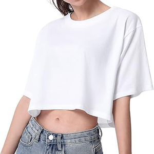 T-shirt court à manches courtes uni de haute qualité personnalisé pour femmes en coton/fibre de bambou, épaules tombantes, blanc - Product Image 4