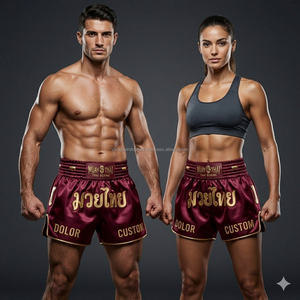 Shorts de Muay Thai personnalisés par sublimation, usine OEM, vente en gros, satin, séchage rapide, évacuation de l'humidité, kit de combat d'équipe, 100% polyester - Product Image 3