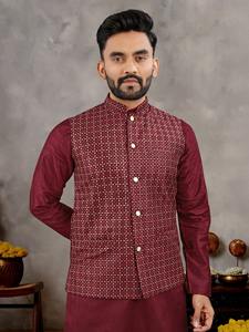Indian Traditional Wedding Party Wear Heavy Banglori Silk Inner <b>Kurta</b> Pajama Jacket for <b>Men</b> Maruti Fashion MF868 Wholesale Surat - Product Image 6