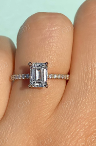 Bague de fiançailles Moissanite en or jaune massif 14K taille émeraude bijoux en diamant de haute qualité Halo caché demi-éternité GRA - Product Image 6