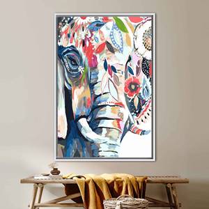 Tableau d'art éléphant coloré : affiche sur toile imprimée moderne pour décoration contemporaine, encadrée de blanc. - Product Image 1