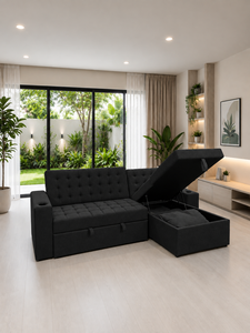 Modern L Shaped <b>Sofa</b> Bed Multibed Black Upholstered Corner <b>Sleeper</b> Couch Tufted Fabric Living Room Furniture Villa Apartment - Product Image 4