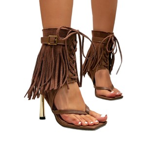 Botas de Tacón Alto para Mujer, Color Marrón, Diseño de Espiga, con Borlas y Cordones, Tacón de Aguja, Estilo Europeo y Americano, Zapatos Sexys de Moda - Product Image 5