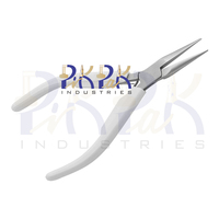 Alicates de punta fina de precisión de acero inoxidable de 140 mm con cadena larga, mordazas lisas, resorte y mango de plástico blanco para crimpado, pesca, joyería y circlips
