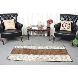 Alfombra clásica de lana de retazos marrón Beige, diseño turco de 2,6x5,7 pies para el hogar, látex con forma rectangular para entrada y dormitorio - Product Image 2