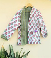 Veste réversible artisanale pour femme, col montant, imprimé floral, 100 % coton, boutonnée, matelassée, style vintage, fleurs d'hiver