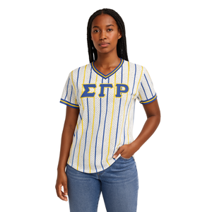 Sigma Gamma Rho Blanc Pinstripe Pull Baseball Jersey 100% Polyester Mesh SGRho Sorority V Neck T Shirt avec Applique Logos - Product Image 1