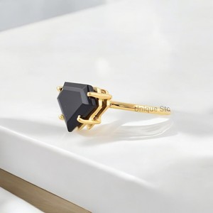 Bague en argent sterling 925 faite à la main pierre précieuse d'onyx noir naturel avec placage à l'or cerf-volant taille diamant lunette réglage bijoux de déclaration - Product Image 4