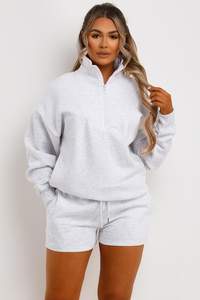 100 % Cotton <b>Grey</b> Marl 2 Piece <b>Women's</b> Half Zip Sweatshirt & <b>Shorts</b> Tracksuit Set <b>Women</b> Breathable Tracksuit Set Two Piece Set - Product Image 6