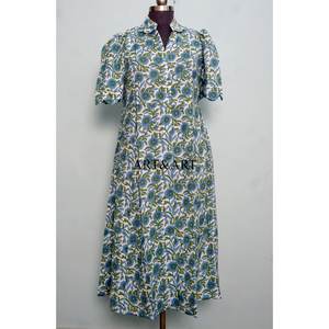 Vestido Midi de Algodón Indio con Estampado Artesanal, Cuello en V, Manga Corta, Silueta en A, para Fiesta, Playa, Verano - Product Image 1