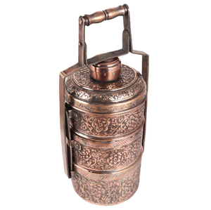Qualité haut de gamme 3 niveaux cuivre Tiffin boîte à lunch conception merveilleuse forme ronde cuivre pique-nique Tiffin boîte avec poignée en gros - Product Image 1