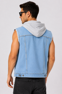 Chaleco Vaquero Premium para Hombre con Capucha, Sin Mangas, Azul Claro, de Algodón, Estilo Casual, Lavado, Chaqueta Vaquera, Prenda Exterior, Estilo Primavera - Product Image 2