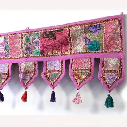 Bordir tangan Toran, kelambu pintu antik, bingkai dekorasi jendela etnik gipsi, tirai Vintage India, dekorasi Diwali
