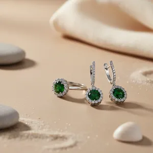 Ensemble bague et boucles d'oreilles en argent 925 avec émeraude et zircon taille brillant rond, bijoux classiques pour femme, cadeau en or rose - Product Image 1