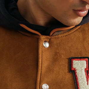 <b>Men's</b> Brown <b>Suede</b> Varsity <b>Jacket</b> Embroidered W Letter Front Button Closure HIGH STREET Style Winter Reversible Quick Dry - Product Image 5