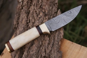 Handmade DIY OEM Customizable Damascus Steel Hunting Outdoor Skinning <b>Knife</b> Fixed Blade <b>Bone</b> <b>Handle</b> Leather Sheath Wholesale - Product Image 6
