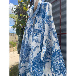 Pijamas Largos Tejidos Azules Estilo Chinoiserie para Mujer, Ropa de Dormir de Algodón Sostenible y Transpirable, Cintura Elástica, Logotipo Personalizable - Product Image 1