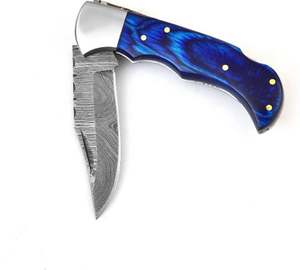 Couteau de poche en acier Damas fait main avec manche en bois et étui en cuir fin, couteau de camping, couteau pliant - Product Image 2