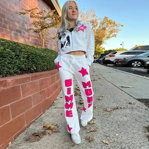 ชุดวอร์มมีฮู้ดสำหรับผู้หญิงกางเกงขาบานและเสื้อครอปแบบรูดซิปดีไซน์ใหม่ออกแบบได้ตามต้องการ - Product Image 4