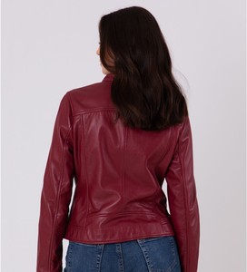 Blouson aviateur en cuir d'agneau véritable bordeaux pour femme, fermeture éclair asymétrique, doublure en coton respirant, vêtements d'extérieur tendance pour l'hiver - Product Image 2