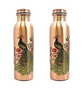 Bouteille d'eau en cuivre imprimé paon antique Fabricant en gros de bouteilles d'eau en cuivre pur faites à la main Exportateur - Product Image 1
