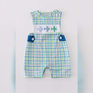 Mameluco Jonjon para bebé, personalizado, a cuadros azules, bordado de avión, algodón Spandex para niños pequeños, lavable, hecho en EE. UU., venta al por mayor - Product Image 1