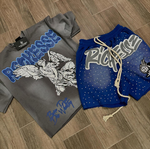 Ensemble survêtement court vintage délavé à l'acide avec impression en relief personnalisée 30MOQ, streetwear vintage, impression sérigraphique avec strass et ensembles de t-shirts pour hommes - Product Image 3