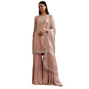 Design di pesca tessuto cuttdana Kurta con pietra Dupatta abito di lusso Sharara per il ricevimento di nozze e feste serali - Product Image 2