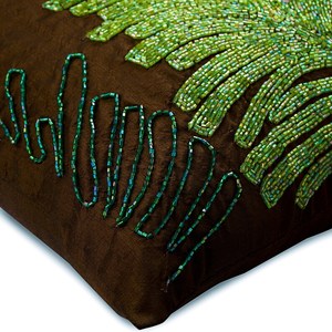 Art Silk Brown Beaded Tropical Style <b>Decorative</b> Throw <b>Pillow</b> Cover, Nature and Floral Leaf Toss cushion Cover by The HomeCentric - Product Image 2