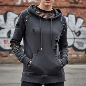 Sudadera con Capucha Personalizable para Mujer, Color Gris Carbón Desgastado, Adornos de Imperdible en la Parte Delantera, Transpirable, Ecológica, con Dobladillo sin Rematar - Product Image 5