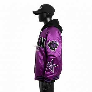 Chaqueta de Satén para Mujer, Tejido Brillante de Lujo en Color Morado, Corte Raglán con Detalles de Parches con Logotipo Bordado Personalizado - Product Image 3